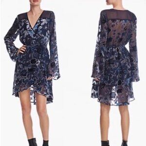 Band of Gypsies Blue Floral Burnout Hi-Low Faux Wrap Dress, Size Medium